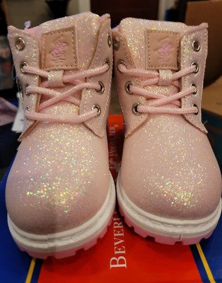 Beverly Hills Polo Club Girls Lace-Up Boots Pink Glitter Youth Size 9 New