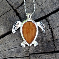 Hawaii Jewelry Koa Wood Honu Turtle Silver Rhodium Plated Brass Pendant BRP1152