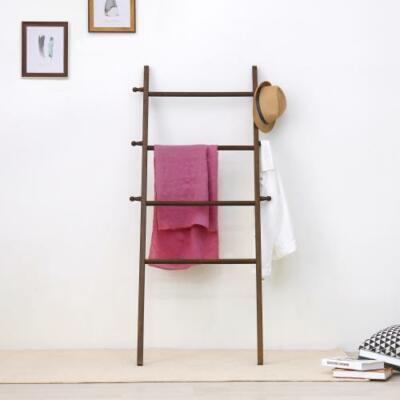 Wall-Leaning Dark Brown Wood Garment Towel Ladder Blanket Rack, Coat Hat  Hooks