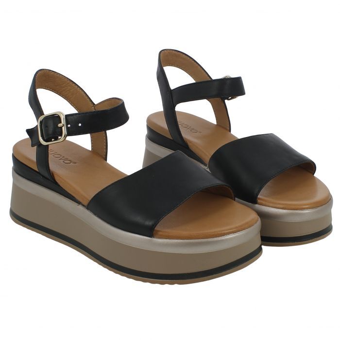 INUOVO- SANDALO DONNA CON ZEPPA TRICOLOR E FASCIA IN PELLE NERA