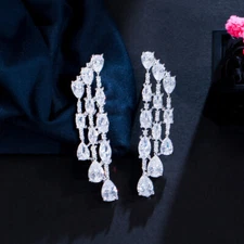 Silver Plated Geometric Drop Women Long Engagement CZ Earring 925 Silver Jewelry