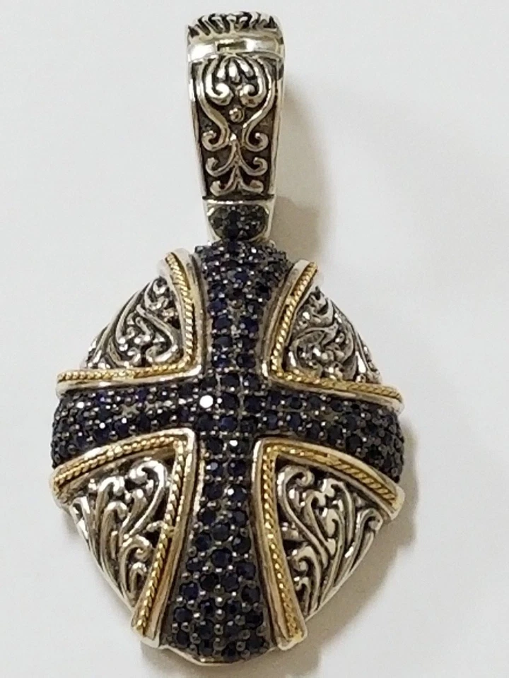 Phillip Gavriel Designer 18k Gold & Sterling Silver Oval Cross Sapphire Pendant - Image 2 of 4