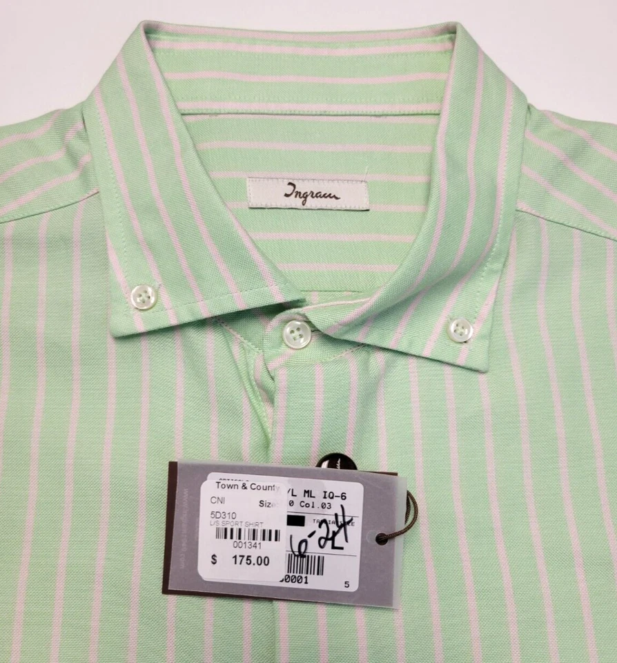 $175 New INGRAM Button Sport Shirt Men's LARGE L Cotton GREEN Striped ITALY Made - Image 4 of 4