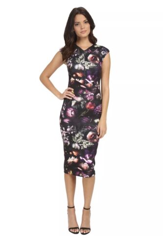 TED BAKER Raisie Shadow Floral dark print midi pencil dress 3 Uk 10 12 - Picture 3 of 6