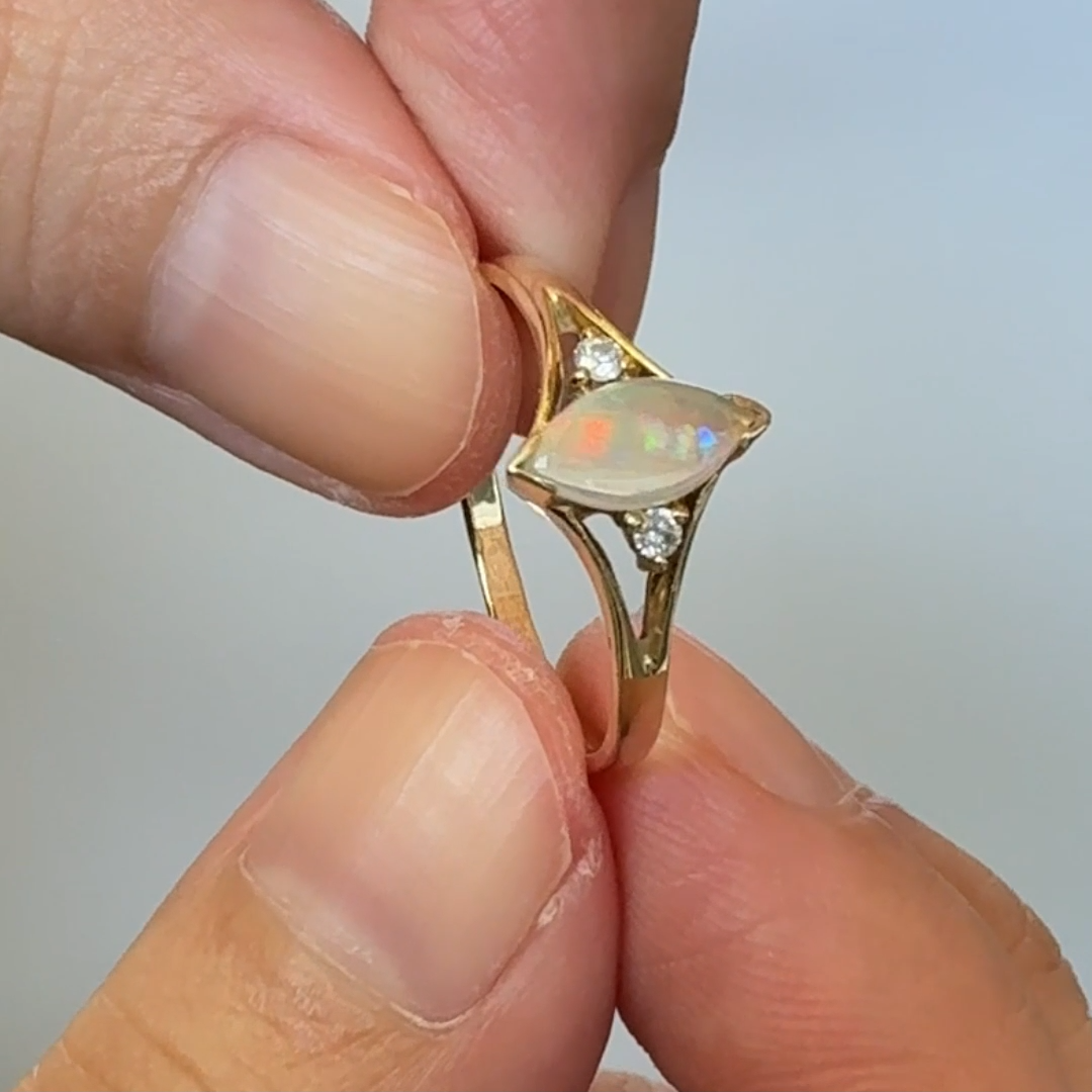 Marquise Cut Australian Solid Opal & Diamond Ring 14K Yellow Gold
