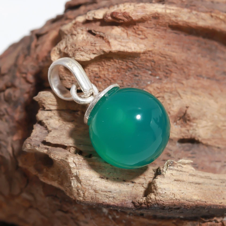 Pendientes colgantes y colgantes de bola de ónix verde 100 % natural plata maciza dije joyería Foto 4 de 4