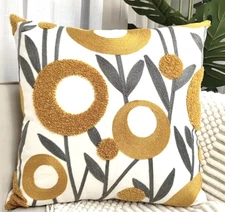 2 Sizes Gray Mustard Embroidered Modern Flower Decorative Accent Pillow Cover