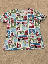 SB Scrubs Womens Scrub Top Size Small Winter Themed Deep Pockets Short Sleeve