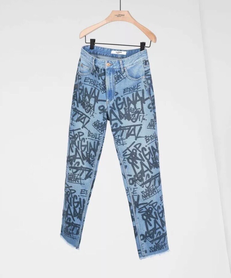 ISABEL MARANT ETOILE Washed Blue Shade Graffiti Printed Jeans