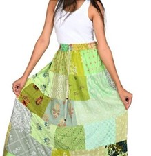 Green Vintage Indian Rayon Patchwork Hippy Gypsy Boho Maxi Women Long Skirts