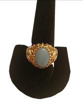 Blue Larimar Fleur de Lis Crown Etruscan Ring 14K Gold Vermiel Over 925 Sterling