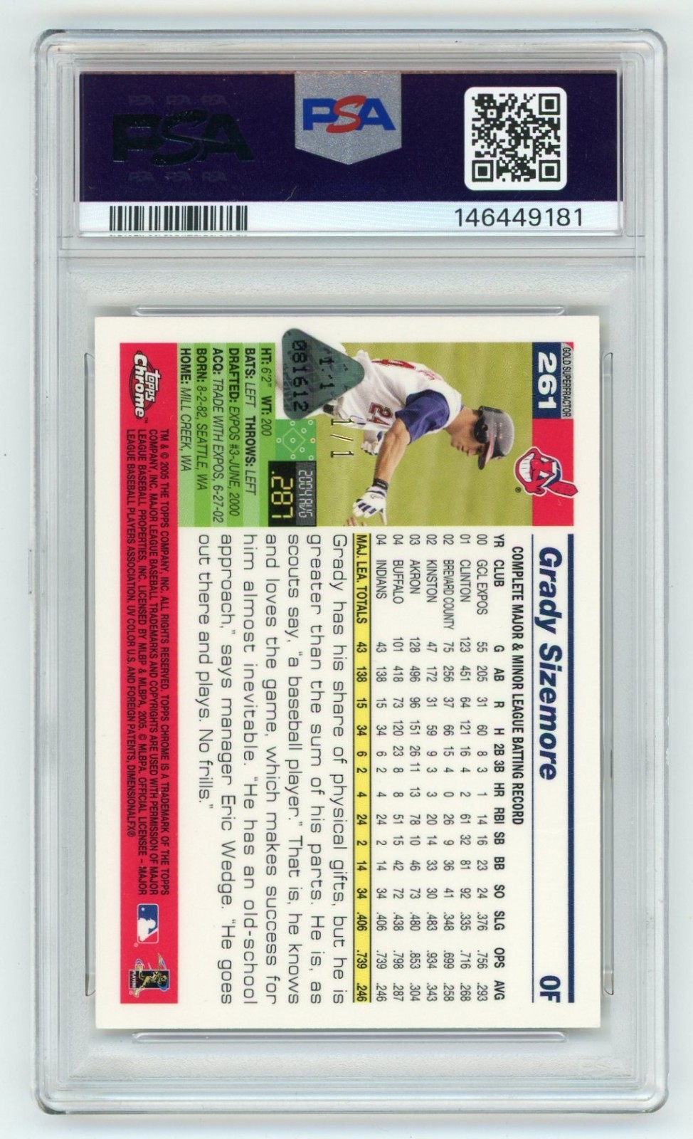 2005 Topps Chrome Grady Sizemore Gold Superfractor 1/1 PSA 9 Refractor Card #261 view 2