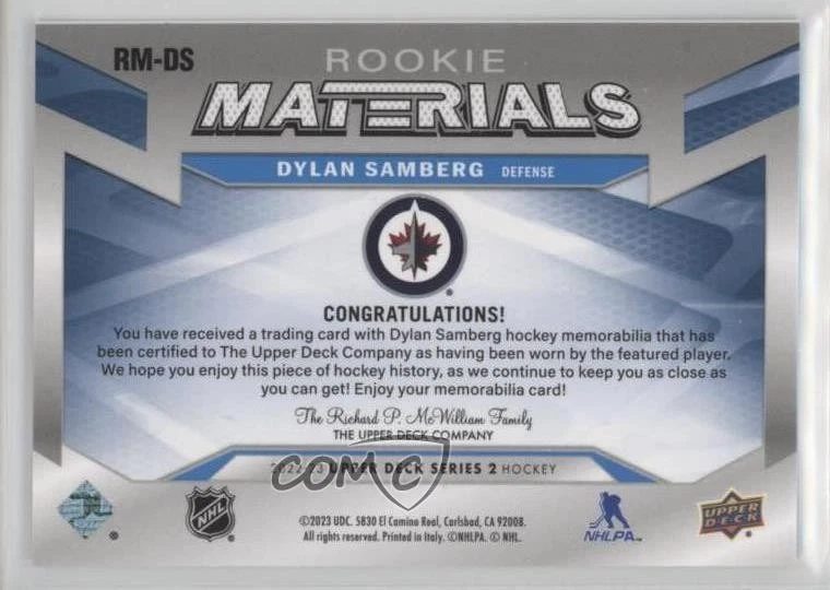 2022-23 Upper Deck Series 2 Rookie Materials Dylan Samberg #RM-DS RC - Image 2 of 2