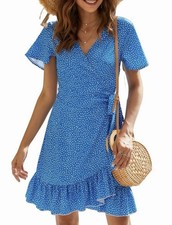 Naggoo Summer Wrap Dresses V Neck Ruffle Short Sleeve Boho Dress with Belt Small