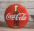 Vintage Coca Cola Porcelain Enamel Metal Coke Soda Bottle Domed Button Sign