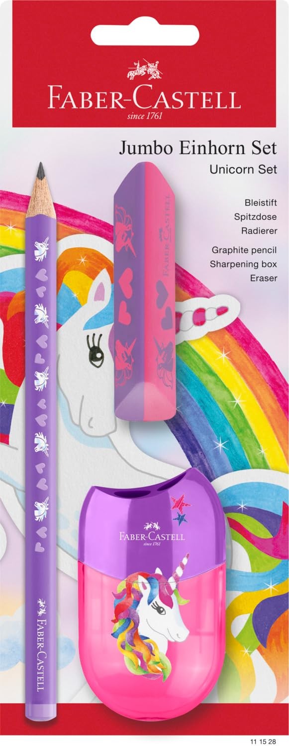Faber-Castell 111528 Unicorn Writing Set with Jumbo Pencil, Sharpener and Eraser