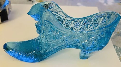 Fenton Art Turquoise Blue Daisy and Button Cat Slipper Shoe Glass Vintage