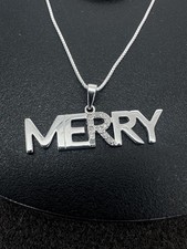 Sterling Silver Diamond Necklace Natural White MERRY Christmas Pendant 18  