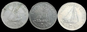 3-25 CENT COINS w/ SHIPS from the Bahamas (1991/1998/2000)    016
