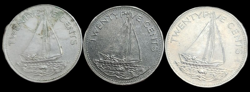 3-25 CENT COINS w/ SHIPS from the Bahamas (1991/1998/2000)    016