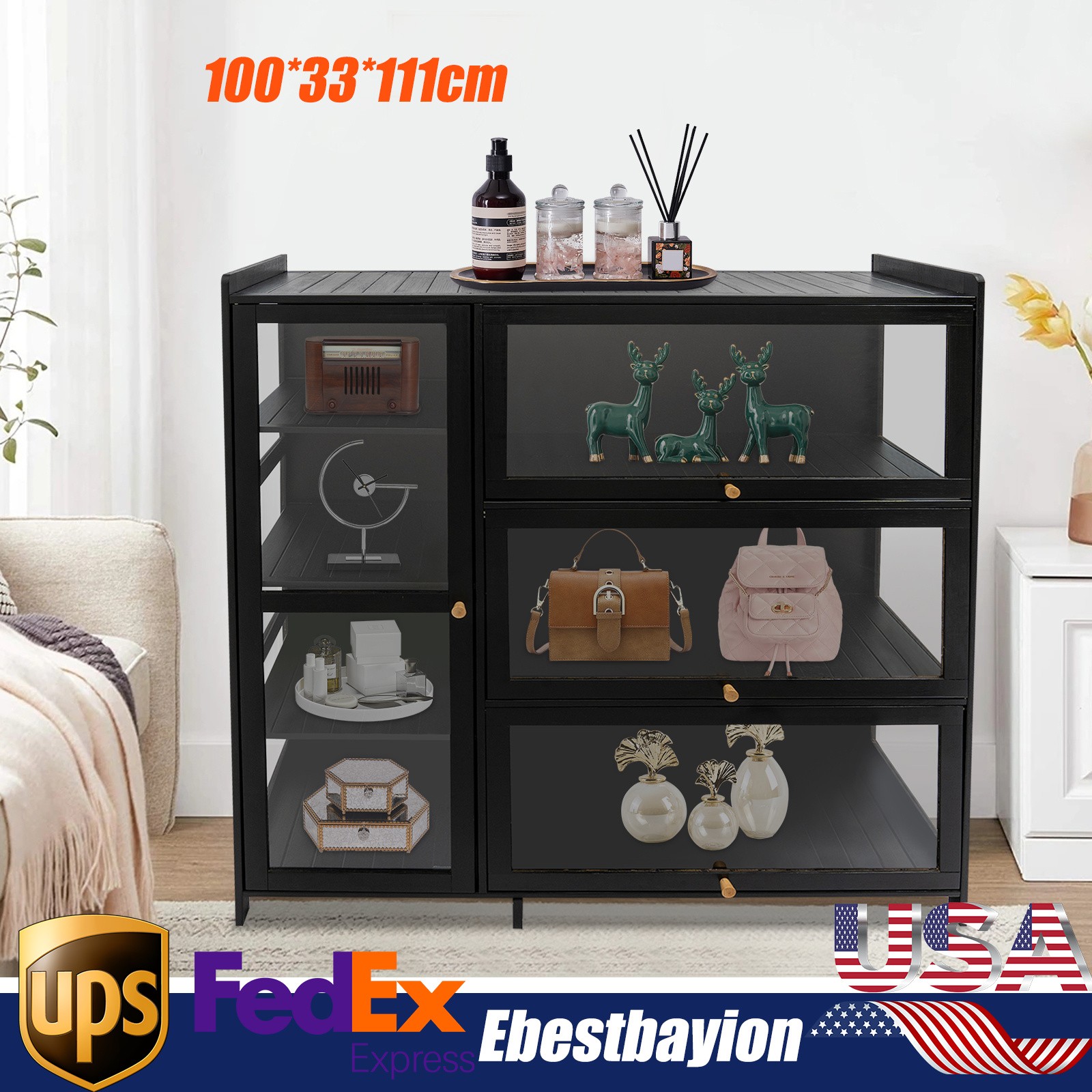 Bamboo Entryway Storage Cabinet with Doors - Black Display Showcase