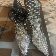 Fishnet Sock Boots Rhinestone  Pointed Toe High Heels Pumps Black Size 8