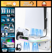 PS5 Wall Mount Kit with Cooling Fan Charging Station, RGB Floating Shelf, Whit