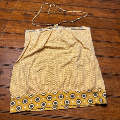 Fang Womens Mustard Yellow Floral Halter Top Boho Beaded Neck Large Y2K
