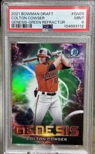 2021 Bowman Chrome Draft COLTON COWSWER Genesis Green /99 PSA 9 ORIOLES!!