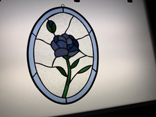 Stained Glass Flower Suncatcher Window Panel Blue Green Clear Floral Decorative