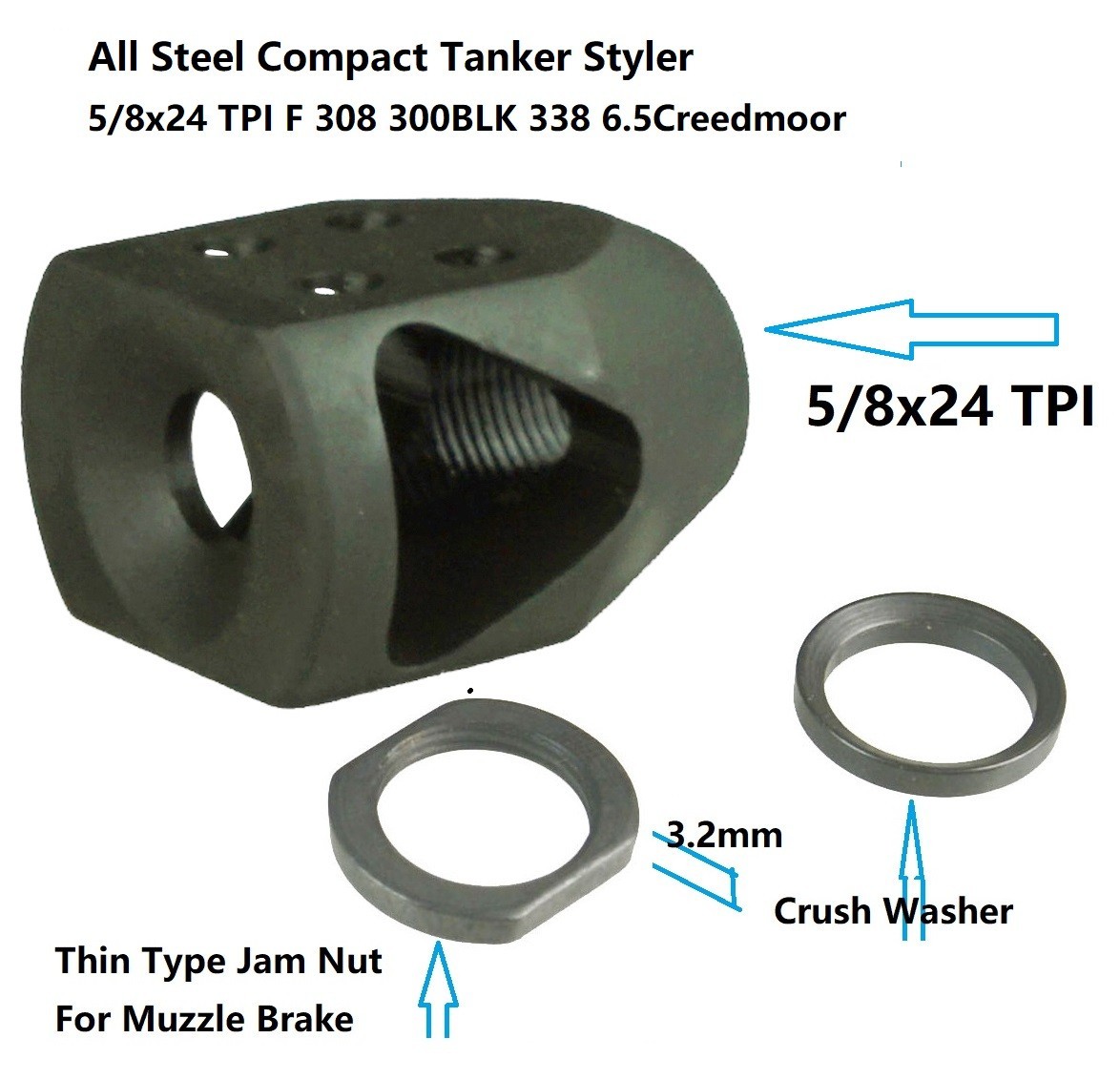 Steel Compact Tanker Muzzle Brake 5/8x24 TPI For 308 300BLK 338