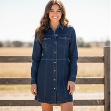 Gap Western Denim Mini Dress A Line Pearl Snap Button Long Sleeve Womens S NWT