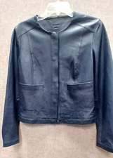 Massimo Dutti Women's Leather Jacket Size L Navy Blue