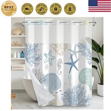 No Hook Shower Curtain with Snap in Liner Set - Sea Seashells, Starfish Cor...