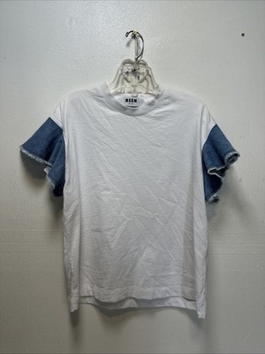 MSGM Women s White T-Shirt With Denim Sleeves Size- XS