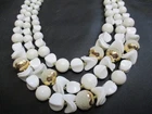 Vintage Multi 3 Strand White Milk Glass & Sugar Glass Gold Cap Beaded Necklace
