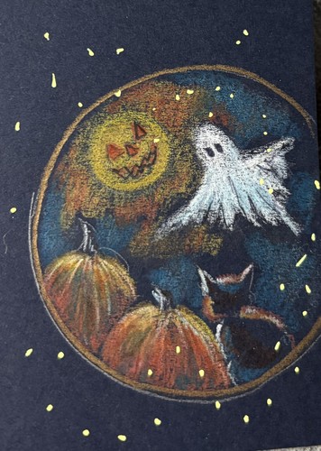 ACEO ORIG. SPIRIT OF HALLOWEEN  BLACK CAT HAT MOON JACK O LANTERN GHOST PUMPKINS