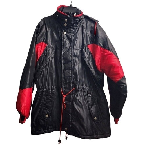 Vintage Ski Jacket Winter Puffer Coat Hooded Black Red Mens Size M