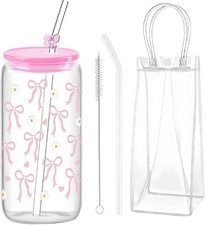 16oz Iced Coffee Glass Cup with Lid & Straw Cute Pink Flower Bow Design 
