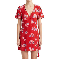 Madewell Womens 2 Red Floral Fit Flare Tie Waist V Neck Spring Dress Summer