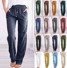 Women Cotton Linen Pants Elastic Waist Wide Leg Casual Trousers Pockets Gift
