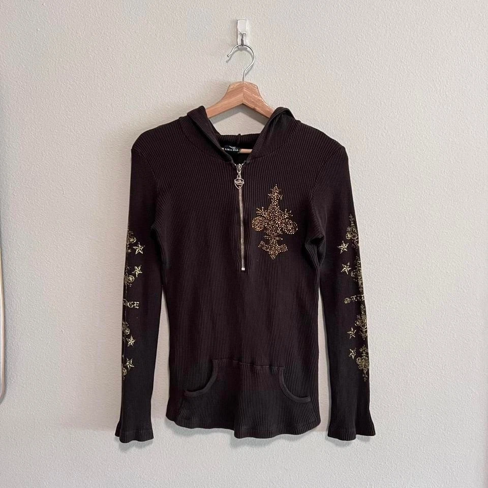 Vintage Sledge USA Waffle Thermal Knit Hooded Grunge Y2K Brown Hoodi Size Small