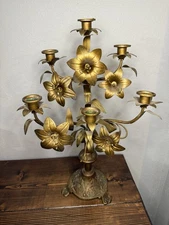 DEFECTIVE Vintage Beautiful Gold Gilt Brass Lily French Altar Candelabra G3D