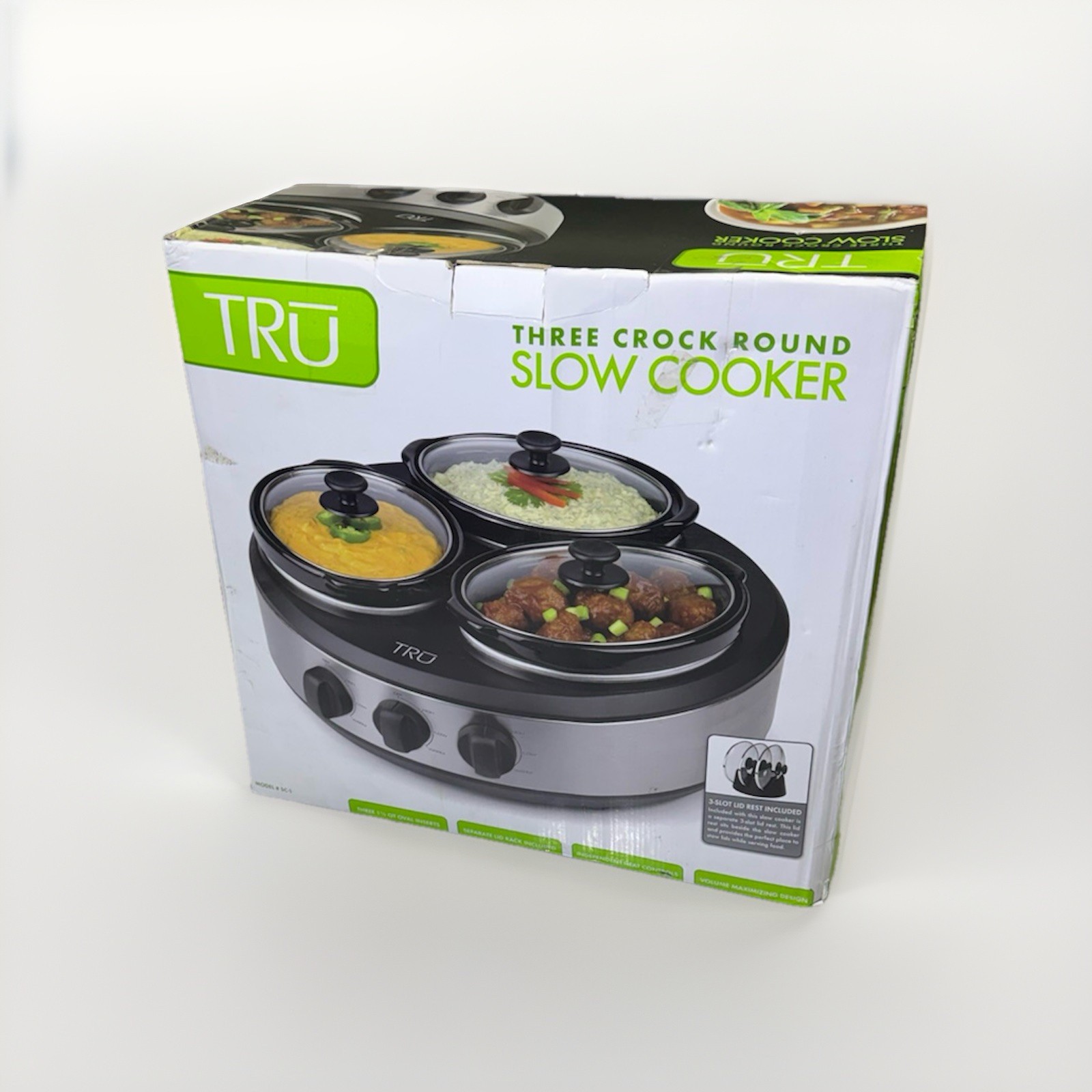 Tru Triple Slow Cooker Crock Pot Buffet Server Set W 3 Slot Lid Rest New Sealed