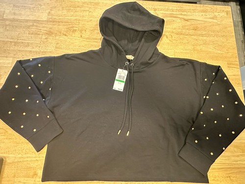 NWT Michael Kors Woman's Size L Gold Studded Black Hoodie New Designer 2024 MK - Picture 1 of 17