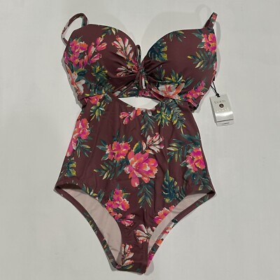 Women's Current Lightly Lined Keyhole Tie One Piece Swimsuit, Burgundy 32DDD