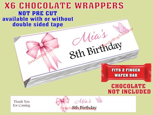 PERSONALISED PINK BOW Chocolate bar wrappers, Party bag fillers, drink wrappers