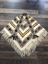 Vintage Aztec Fringed Cape/Shawl White/Blue/Red /Multi Colored .. Range Of Sizes