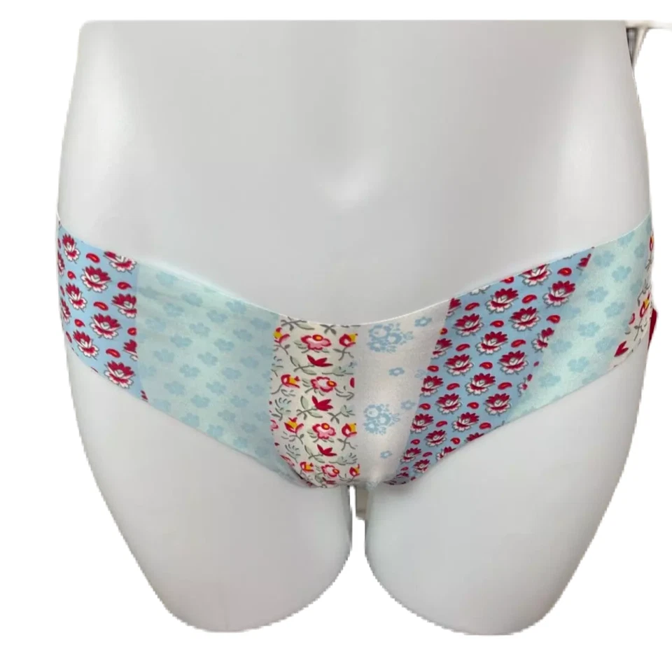 Calcinha Tanga Commando M/L Azul-Vermelho Clássica Patchwork Floral Corte a Laser Bordas - Imagem 2 de 4