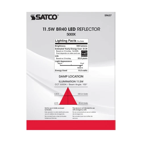 Satco S9637 LED 11.5W =75W BR40 120V Medium E26 5000K Daylight Natural White - Picture 8 of 10